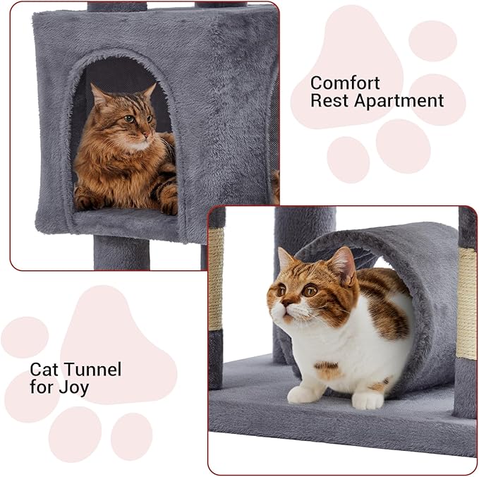 GarveeHome 67 in Cat Tree for Large Cats, Features Scratching Post, Cat Condo, Platforms, Tunnel, Hammock, Food Station & Bowls – Ideal for Indoor Cats, Dark Gray