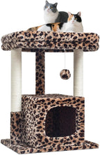 SYANDLVY 27" Cat Tree for Indoor Cats, Activity Tower with Scratching Posts, Modern Kitten Condo with Plush Perch & Hanging Ball for Play, Leopard Print