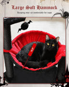 Gothic Cat Tree with Coffin Bed, Spooky Cat Tree with Black Scratching Posts & Halloween Cat Tower & Large Hammock for Small Kittens, Cat Toy Black Bat Included