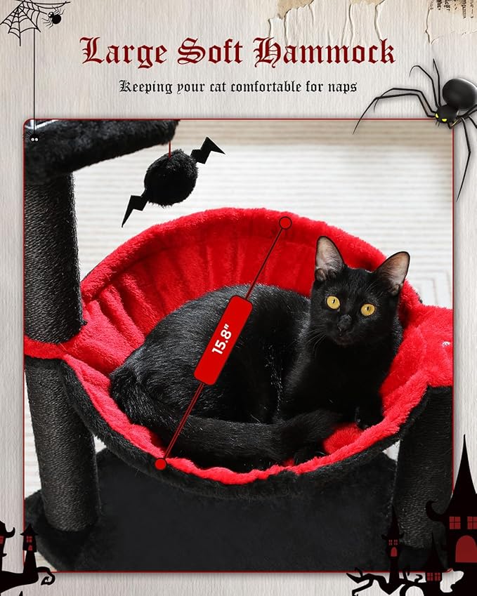 Gothic Cat Tree with Coffin Bed, Spooky Cat Tree with Black Scratching Posts & Halloween Cat Tower & Large Hammock for Small Kittens, Cat Toy Black Bat Included