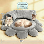 Cat Tunnel Bed for Indoor Cats, Peekaboo Cat Cave Bed with 20 Pcs Cat Toys, Soft Cat Donut Tunnel for Kitten Large Cats, Grey Octopus