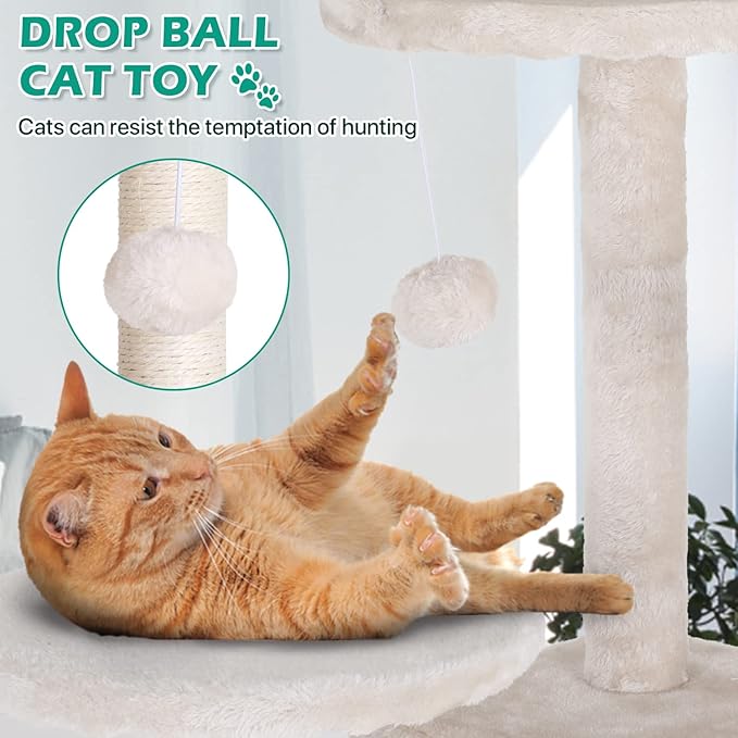 Dkeli Cat Tree for Indoor Cats Condo Tower with Scratching Post Tease Ball Perches Platform Small and Medium 54 Inch Multi-Level, Beige
