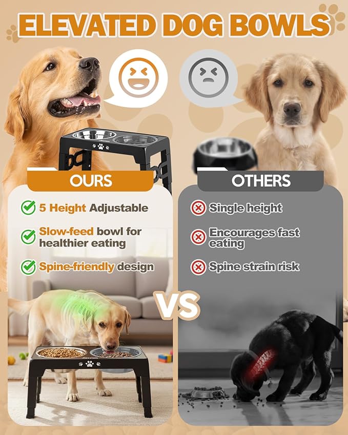 Elevated Dog Bowls for Medium Size Dogs, Non-Slip Dog Feeder with 1*Stainless Steel Dishes & 1*Slow Feeder Bowl, 5 Heights Adjustable Raised Bowls to 3.15″-8.66″-9.84″-11.02″-12.2″