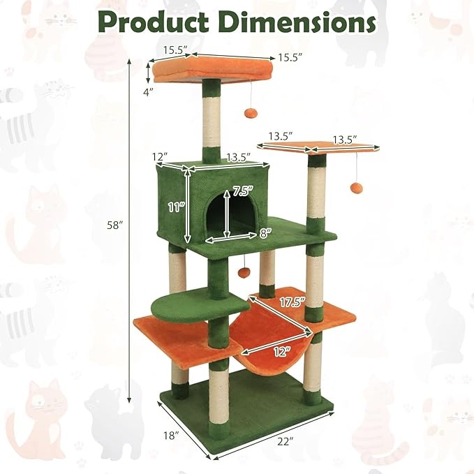 Tangkula 58 Inch Cat Tree Tower, Multi-Level Cat Tower with Sisal Scratching Posts, Padded Top Perch, Condo & Hammock, 3 Hanging Balls, Jumping Platforms for Indoor Cats (Green & Orange)