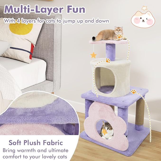Tangkula Cute Cat Tree, 31.5 Inch Multi-Level Cat Tower with Jute Scratching Posts, Condo, Top Perch, Hanging Toy, Moon & Star & Cloud-Shaped Accents for Indoor Cats (Purple+Pink+White)