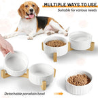 Non-Slip Ceramic Dog Bowls with Wood Stand,6" Dog Food and Water Bowl Set with Silicone Base, 32 OZ/4 Cups Weighted Flip-Proof Pet Feeding Bowl for Small Dogs and Cats (Medium,White)