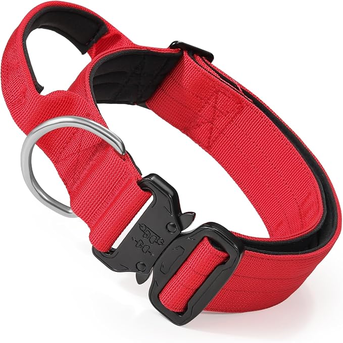 MoNiBloom Tactical Dog Collar with Handle, 1.5 Inch Wide Heavy Duty Military Collar for Medium Large Dog Walking, Training, Running, Red