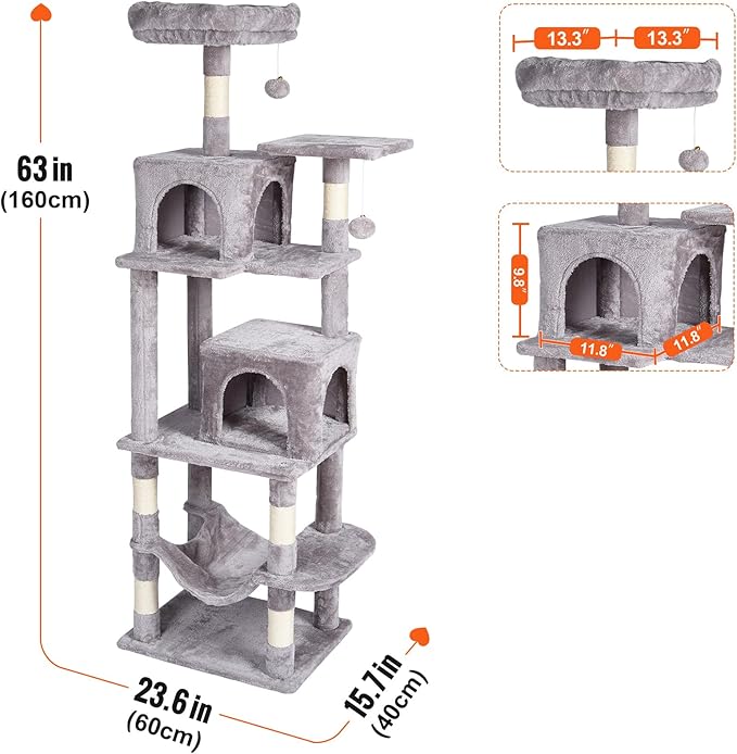 Happybuy Cat Tree for Indoor Cats, 63" Cat Tower with 2 Cat Condos, Sisal Scratching Post, Hammock, Top Perch, Jumping Platforms, Large Cat Furniture Activity Center with Hang Ball, Light Grey