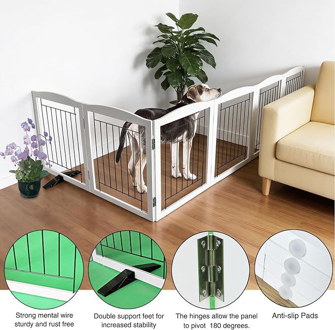 Dog Fence Indoor,Dog Gate Indoor for Doorway pet gate -6-Panel Freestanding, Hallways, House or Stairs -120x32-Inch Retractable Foldable Expandable Wood Pet by SFJC (White)