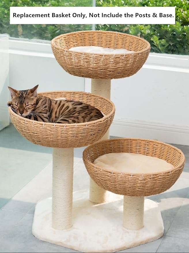 SHENGOCASE 2-Pack Cat Tower Tree Add ons Accessories Replacement Part Basket Bed, Handwoven Wicker Rattan Bowl Bed with Soft Cushion
