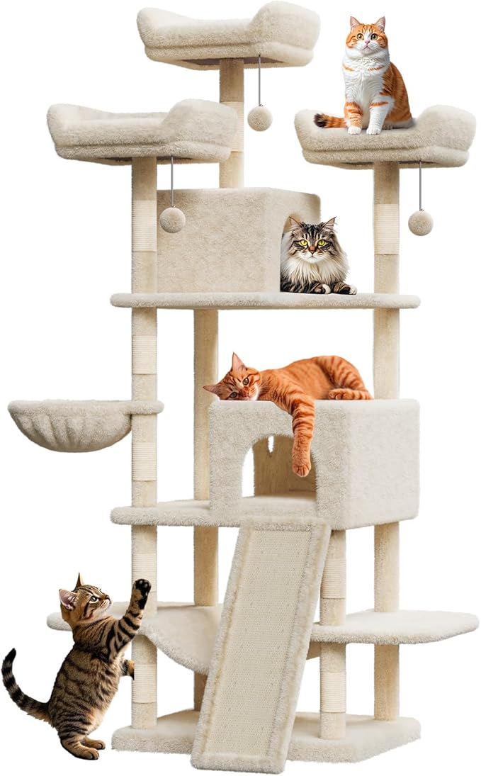 68.5 in Multi-Level Cat Tree for Indoor Cats Large Adult Heavy Duty Cat Tower for Large Cats with 2 Condos/Plush Perches/Sisal Scratching Posts/Hammocks/Basket/Dangling Balls, #2605 Beige
