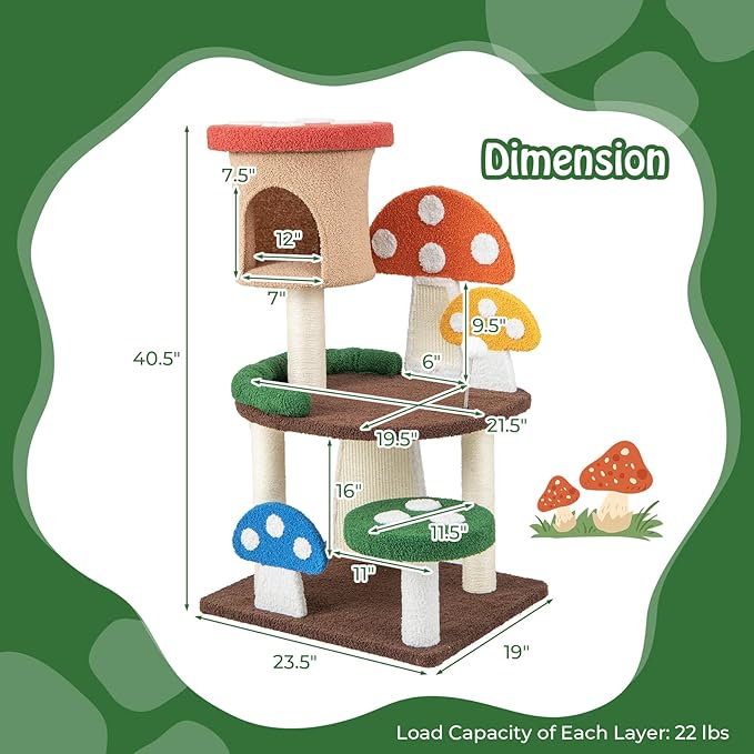 Tangkula Mushroom Cat Tree, Cute Cat Tower with Full-Wrapped Sisal Post, Scratching Board & Spring Ball, Cat Condo, Flower Cat Tree Tower for Indoor Cats Large Adult (40.5 Inch)