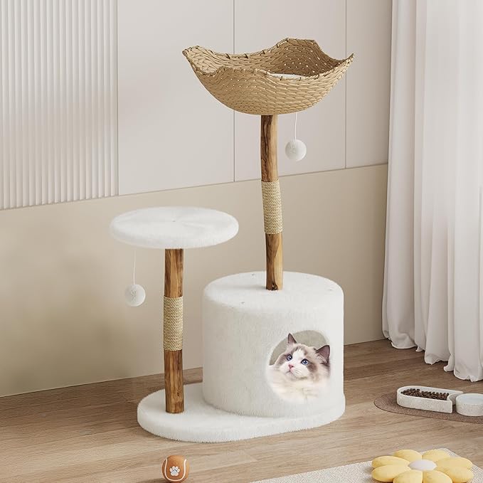 Premium Solid Wood Cat Tree Tower with Sisal Scratching Posts Multi-Level Cat Climber with Plush Condo for Indoor Cats, Modern Scandinavian Design Pet Furniture