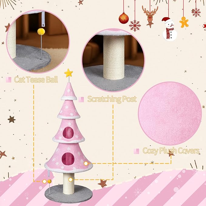59 Inches Christmas Cat Tree for Indoor, Cat Tower with 2 Condos and Scratching Post,Christmas Tree Party Decoration Activity Center Play House (Pink)