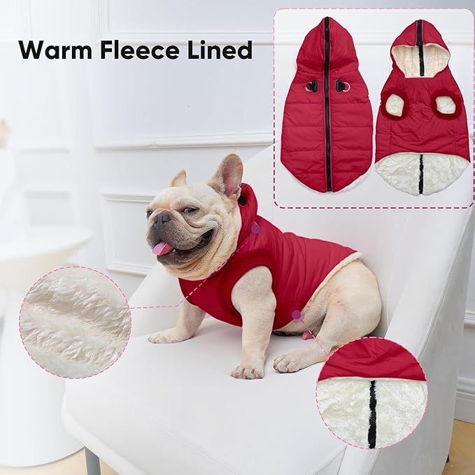 Fleece Lining Dog Hoodie with Harness Built in,Extra Warm Small Dog Jacket in Winter Puppy Coats with Hooded,Red M
