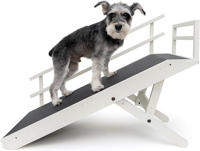 DoggoRamps Dog Ramp with Safety Rails - Adjustable from 14" to 21" with Anti-Slip PAWGRIP & Convenient Platform Top - for Small Dogs up to 150lbs - Made of Solid Hardwood in North America