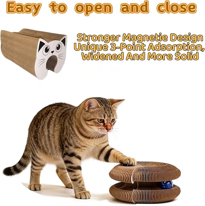 Magnetic Interactive Cat Toy Cardboard Scratcher with 1 Ball for Mental Exercise, Featuring Kitty Kurlz, an Accordion Scratching Board with Twist Paws for Indoor Cats in Gray/Brown