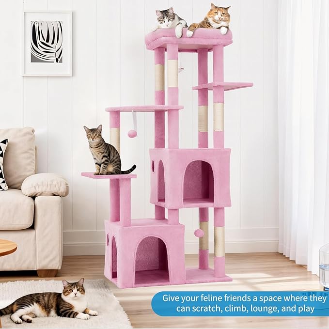 61" Large Cat Tree Tower for Indoor Cats, Heavy-Duty Multi-Level Cat Condo for Maine Coon & Big Cats with Extra-Large Perch, 2 Spacious Houses, Sisal Scratching Posts & Hanging Toys - Pink