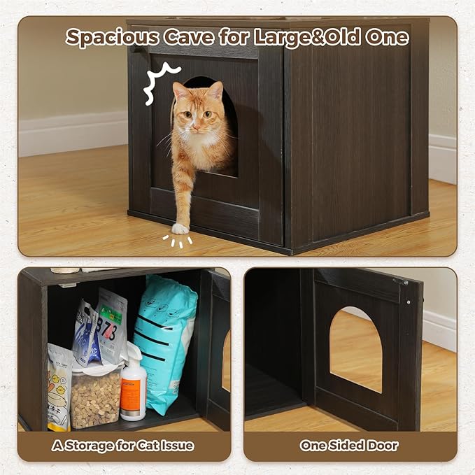 PETEPELA Cat Tree with Litter Box Enclosure, 2-in-1 Wood Cat Tower for Indoor Large Cats, 57.5'' Cat Condo with Scratching Posts, Cozy Hammock and Repalcable Dangling Balls, Black