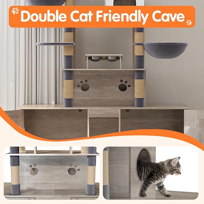 HavenlyYouth Cat Tree with 2 Litter Box Enclosures, All-in-One Cat Tower, Cat Condo with Sisal Scratching Posts, Hammocks, Detachable Plush Ball, Wooden Cat Furniture with Large Platforms, Grey