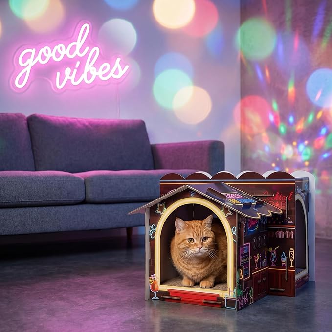 2 Story Cardboard Cat House with Scratcher Pad for Small Kitten,17x12x10 Multi Level Durable Cat Condo & Villa for Bunny Rabbit Small Animals Christmas Birthday Gift(Bar)