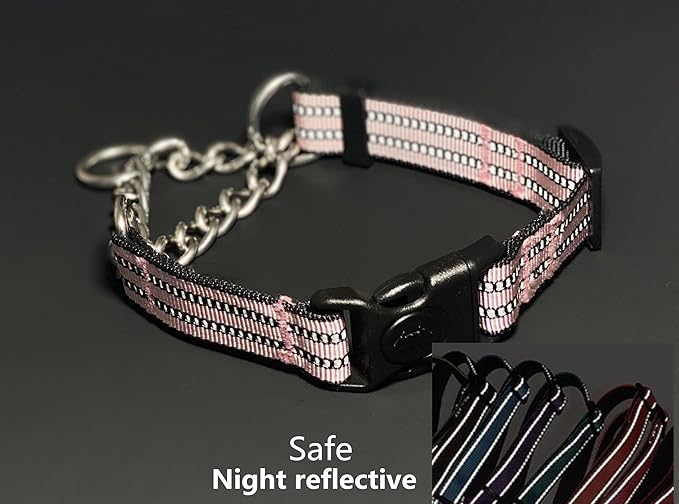 Martingale Collars for Dogs, Heavy Duty Stainless Steel Chain Training Collar, Reflective Nylon Adjustable Collar with Quick Release Buckle, Suitable for Puppy Medium Large Dogs ((Pink, XS)