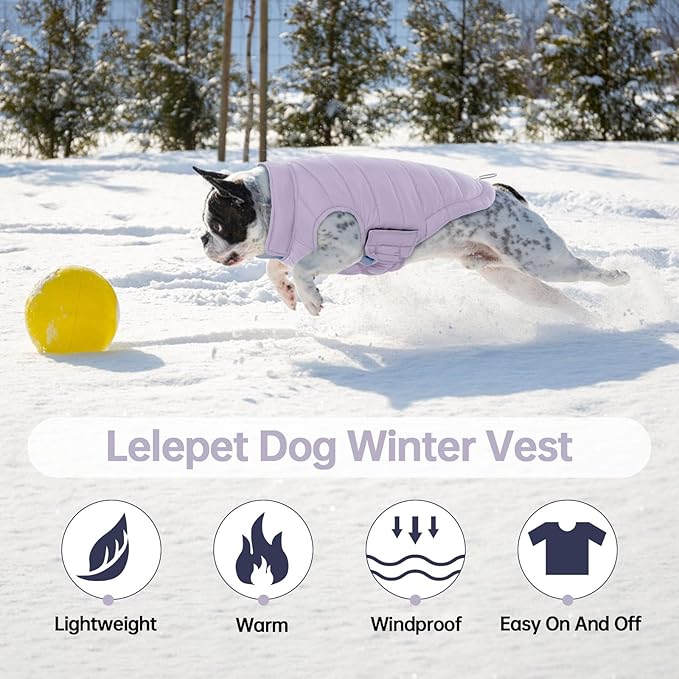 Lelepet Reversible Dog Coat Waterproof Dog Jacket Windproof Puffer Vest for Winter Warm Lightweight Coats for Small Dogs Adjustbale Hook & Loop Pet Apparel with Leash Hole, Shih Tzu, Purple, S