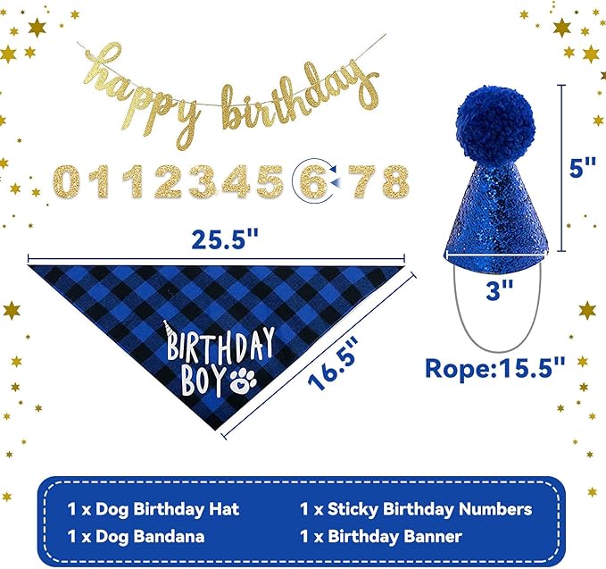 LESYPET Dog Birthday Party Supplies, Dog Birthday Hat with Bandana, and Banner, Cat Decorations Set for Party, Blue