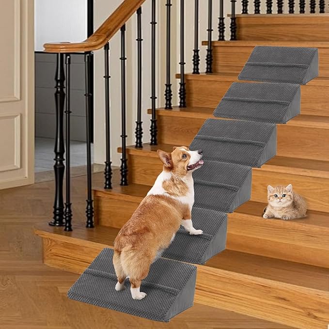Dog Ramp for Stairs for Small & Senior Dogs and Cats, Non-Slip Foam Indoor Pet Ramp with Self-Sticky Pads, Dog Ramp for Stairs Inside House(Dark Gray, 6 Pack)