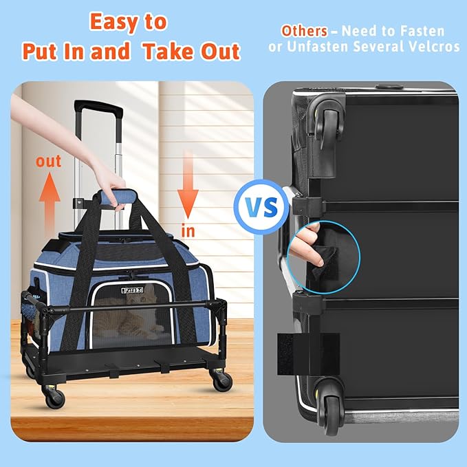 Petskd Top and Side Expandable Pet Carrier with Wheels 17x12x8.5 Inches JetBlue Frontier Spirit Airline Approved, Soft-Sided Carrier for Small Cats and Dogs with Locking Safety Zippers(Blue)