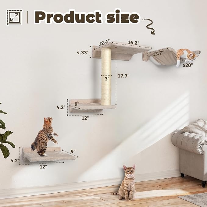 Cat Wall Shelves - 5 Pcs Wall-Mounted Cat Shelves for Wall, Including 2 Steps, 1 Perches, 1 Hammock, 1 Sisal Scratcher Post, DIY Playground for Large Cats