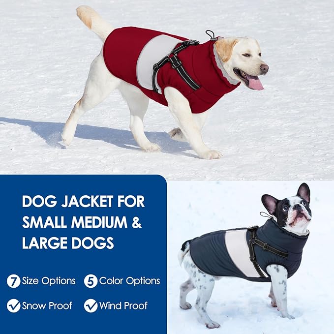 KOESON Dog Coat, Warm Dog Winter Jacket with Harness, Waterproof Pet Cold Weather Coats with Fleece Lining, Reflective & Windproof Snowsuit Sweater for Schnauzer, Yorkshire, Dachshund, Burgundy S
