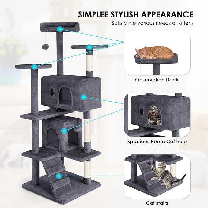 Cat Tree 53 inches Cat Tower for Indoor Cats Cat House with Replaceable and Removable Dangling Ball Cat Trees and Towers with Funny Toys, ASHY