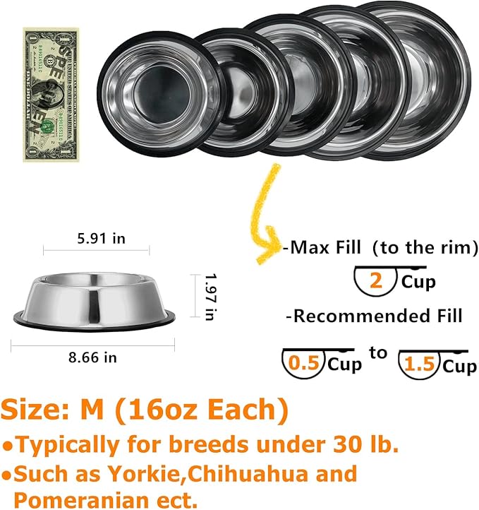 2 Pack Stainless Steel Dog Bowls with Rubber Bottom, Anti-Slip Heavy Duty Premium Quality Pets Feeder Bowls for Dogs and Cats and More (2Cup / 16oz)