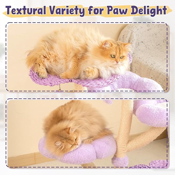 Happy & Polly 35.4 inch Woven Blossom Cat Tree, Fleece Floral Cat Tower with Sisal Scratching Post for Indoor Cats