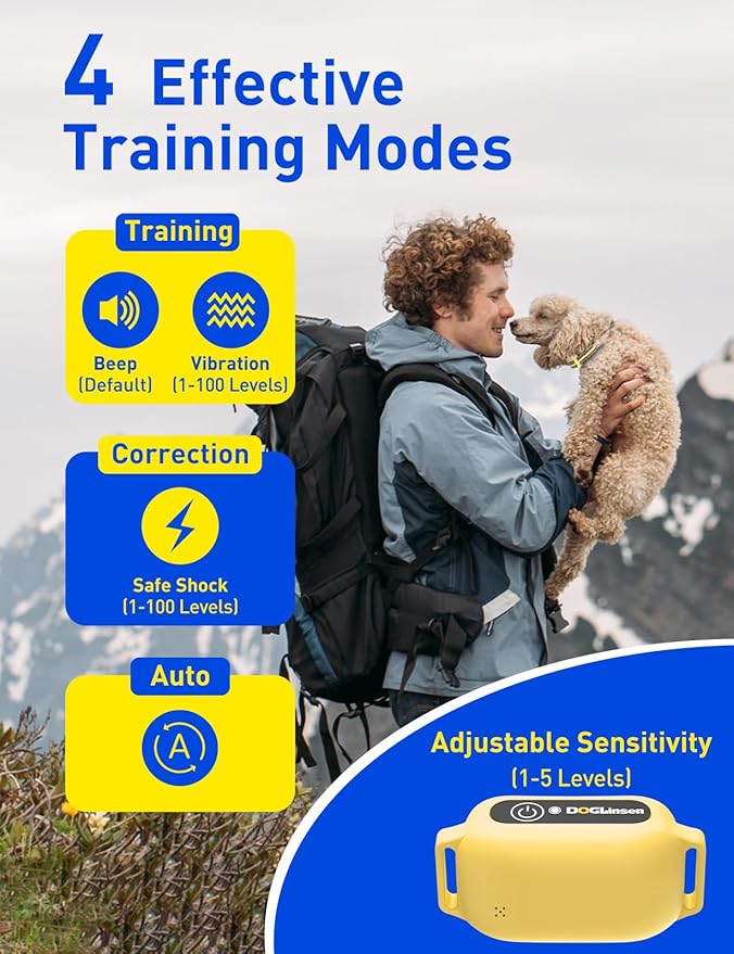 2-in-1 Bark and Shock Collar for Dogs, Smart Anti Barking Dog Training Collar with 5 Adjustable Sensitivity, Automatic Bark Collar with Remote, Vibration, Beep, Shock and Automatic (Yellow)