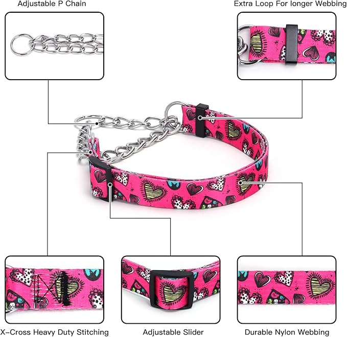 Martingale Dog Collar - Stainless Steel Chain, No Pull Training Collar with Flower Design for Large Medium Small Dogs (15, S)