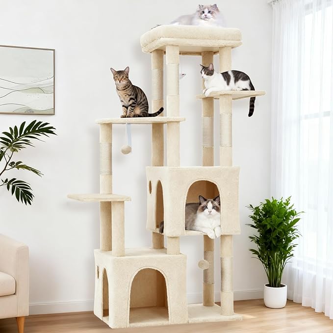 61" Heavy-Duty Multi-Level Cat Tree Tower for Large Cats & Maine Coons – Extra-Large Perch, 2 Spacious Condos, Durable Sisal Scratching Posts, Play Toys