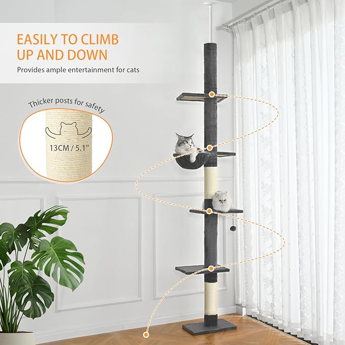 Floor to Ceiling Cat Tree, Cat Tower with Adjustable Height 98-110 Inches, 5 Tiers Tall Cat Tree Floor to Ceiling with Cozy Bed,Platforms, Sisal Scratching Posts for Cats Gray