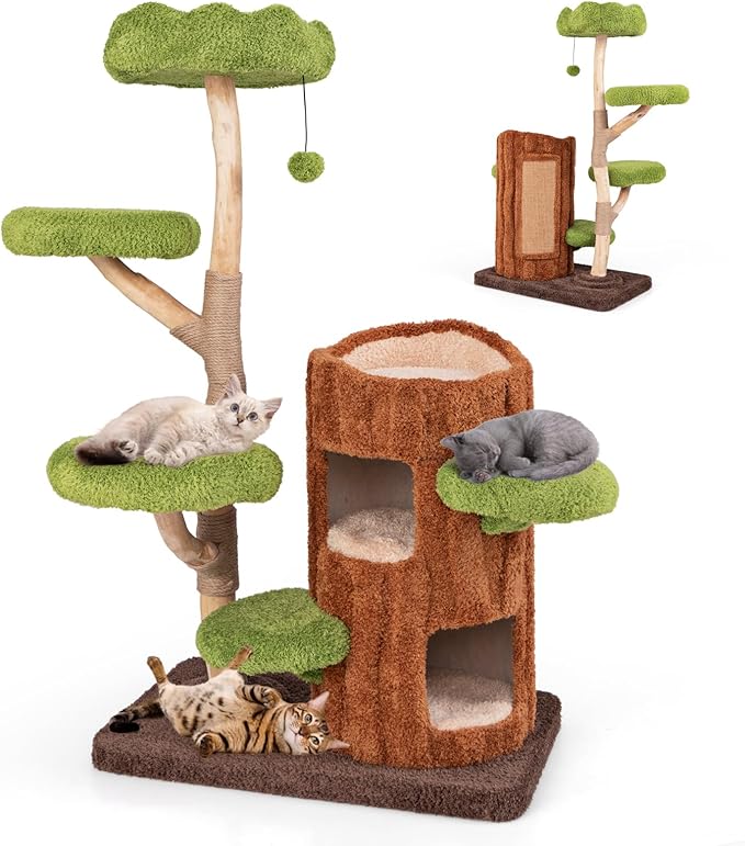 PETSITE 55 Inch Wood Cat Tree, Multi-Level Cat Tower with Double Decker Cat House, Scratching Posts and Sisal Board, Soft Padded Platforms, and Hanging Toy, Wooden Large Cat Tree Tower for Indoor Cats
