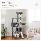 PEQULTI 60'' Cat Tree, Tall Cat Tower with 2 Large Condos, Wide Top Perch, Cozy Hammock and Sisal Scratching Posts for Indoor Cats Lare Adult Smoky Gray