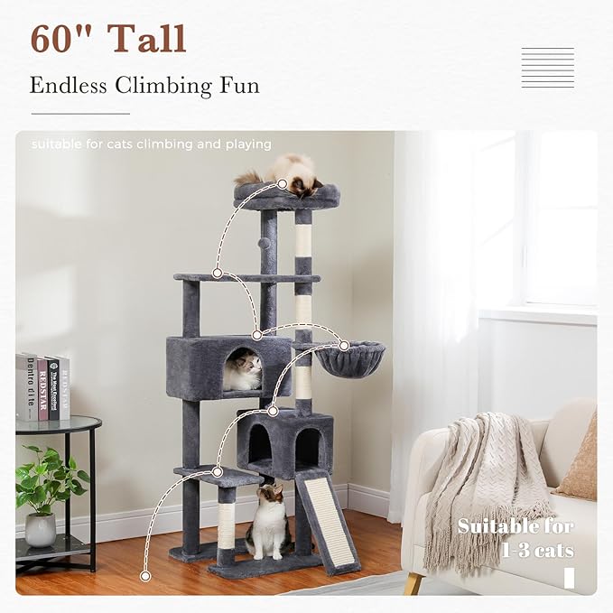 PEQULTI 60'' Cat Tree, Tall Cat Tower with 2 Large Condos, Wide Top Perch, Cozy Hammock and Sisal Scratching Posts for Indoor Cats Lare Adult Smoky Gray