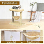 Pawly 24" Cat Tree Tower, Tall Cat Scratching Post with Soft Perch for Window Viewing, Large Bed for Big Cats, Stable & Compact Cat Tower with Hammock, Beige