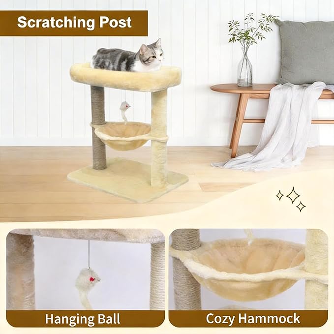 Pawly 24" Cat Tree Tower, Tall Cat Scratching Post with Soft Perch for Window Viewing, Large Bed for Big Cats, Stable & Compact Cat Tower with Hammock, Beige