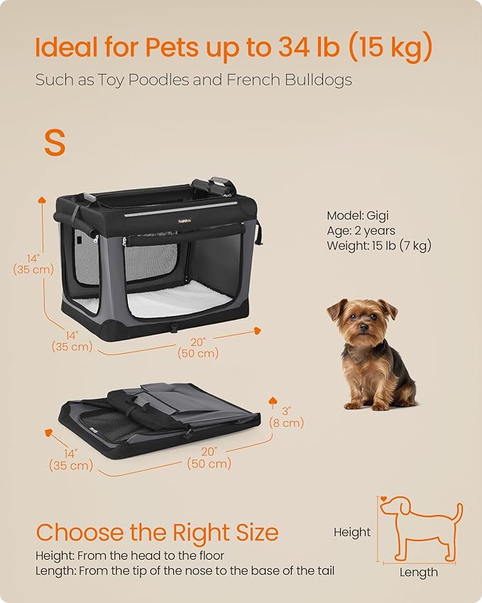 Feandrea Collapsible Dog Crate, 20-Inch Portable Dog Travel Crate for Small Dogs, Oxford Fabric Pet Carrier with 4 Mesh Doors, Handles, Storage Pocket, Water Bottle Holder, Ink Black UPDC015BH02