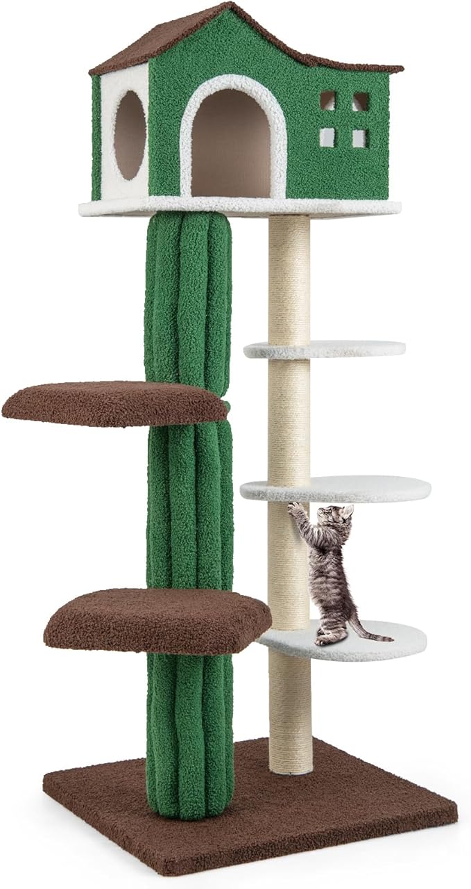 Tangkula Tall Cat Tree for Indoor Cat, 7-Tier 61” Modern Cat Tower with Sisal Scratching Posts, Top Condo, Soft Mohair Plush Fabric, Cute Cat Tree for Large Cats 20 lbs Heavy Duty