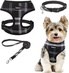 SCENEREAL No Pull Dog Harness Collar and Leash Set Small Medium Sized Dog, Soft Mesh Puppy Harnesses, No Chock Plaid Adjustable Pet Vest for Outdoor Walking Training and Running, Black S