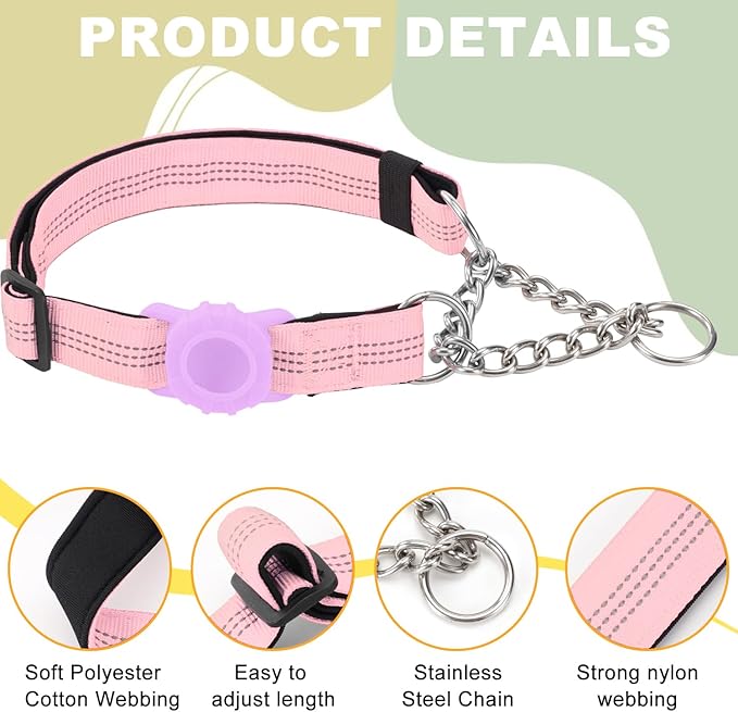 Cymiler Martingale Dog Collar with AirTag Holder, Reflective Nylon Training Collar, Stainless Steel Chain, Heavy Duty Buckle, Limited Slip Collars for Small Medium Large Dogs (Pink, X-Large)