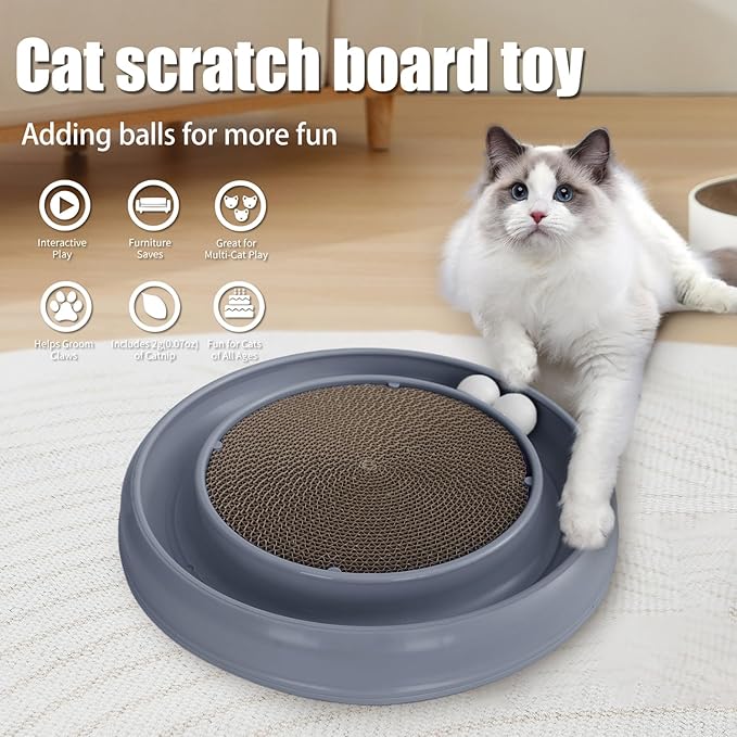 Cat Scratcher Toy Ball Track for Indoor Cats,Round Interactive Scratching Board Exercise Set for Bored Indoor Adult and Kitten Mental & Physical Stimulation (Grey)