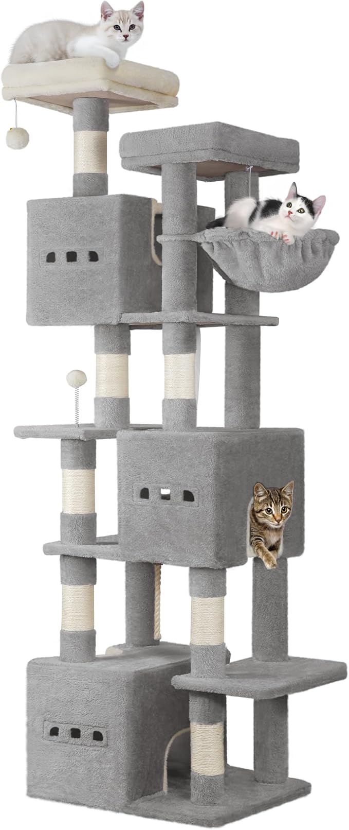 76" Cat Tree, Large Cat Tower for Indoor Cats, Multi-Level Cats House Furniture with 2 Platforms, 3 Condos, 7 Scratching Posts, 1 Basket, 3 Caves, Pompoms, Light Grey MS19218LG